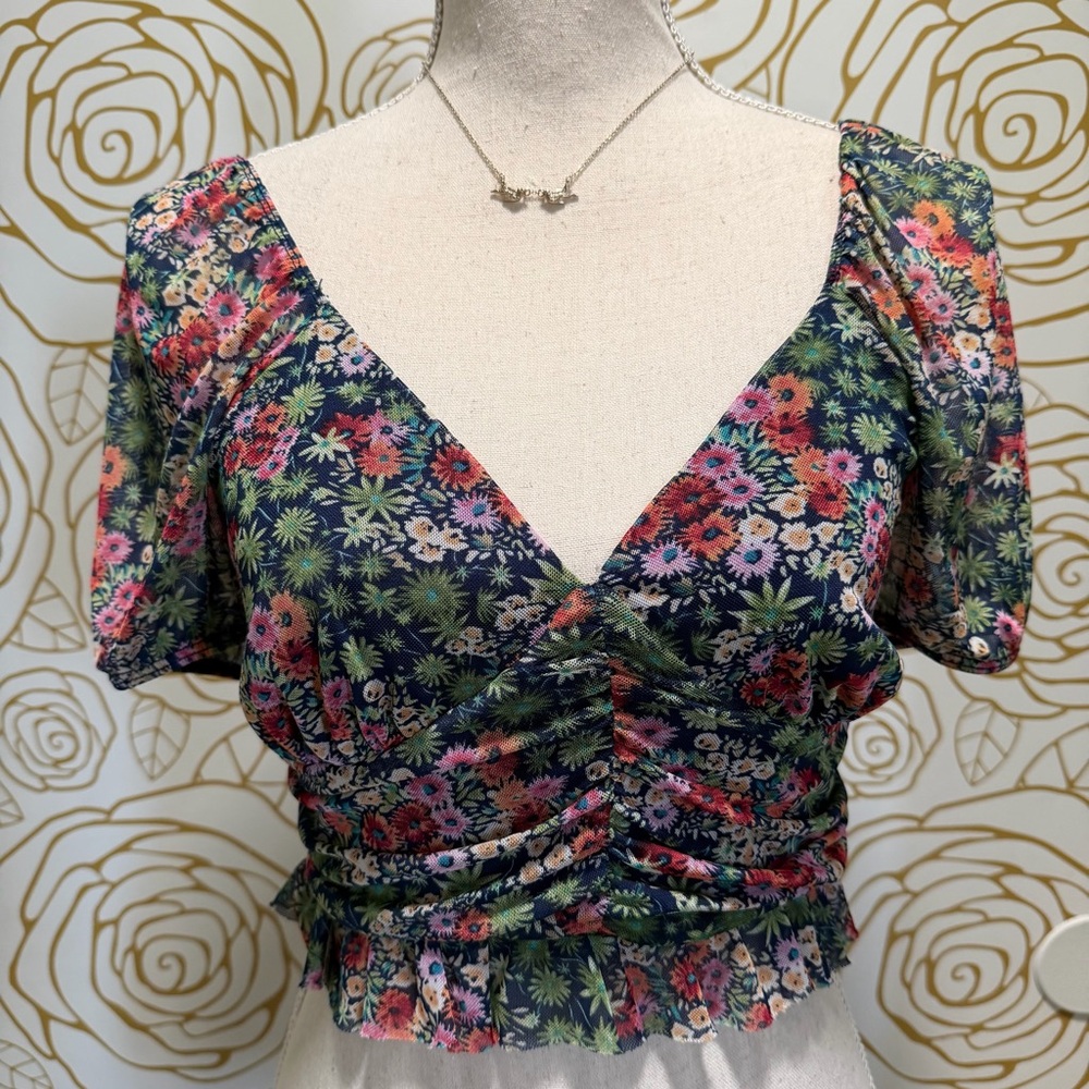 Urban Outfitters floral mesh ruched crop top